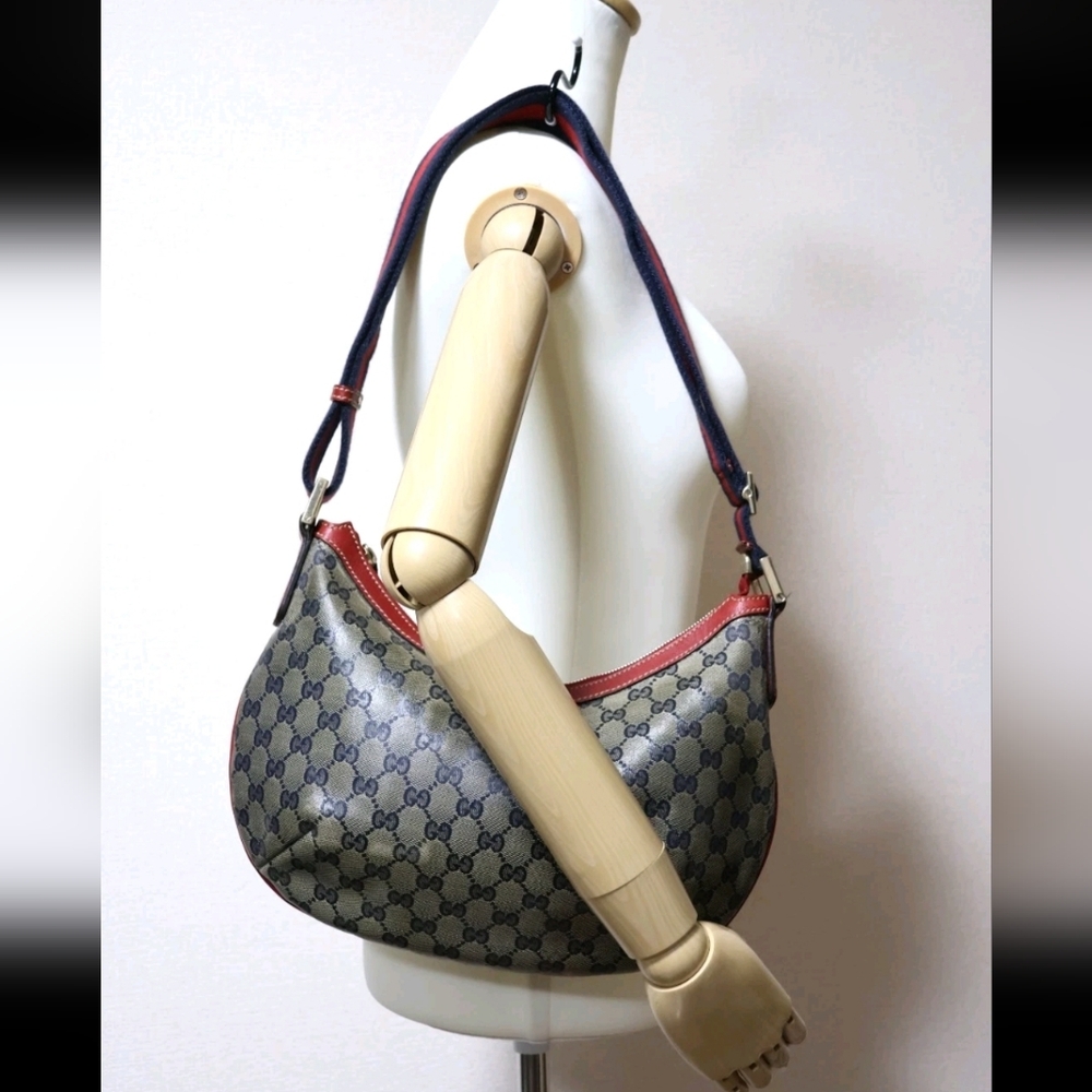 Authentic Gucci Blue Monogram Canvas Crossbody Bag with Red Trim With COA - Picture 4 of 16